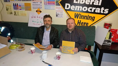 L-R Leicester Liberal Democrats Alan Fox, and Scott Kennedy-Lount pictured after a day's campaigning at the Stoke on Trent Central Parliamentary By-Election