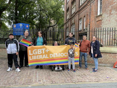 Image courtesy of Scott Kennedy-Lount Liberal Democrats from across Leicestershire stand before the Leicester Pride Parade around the city centre